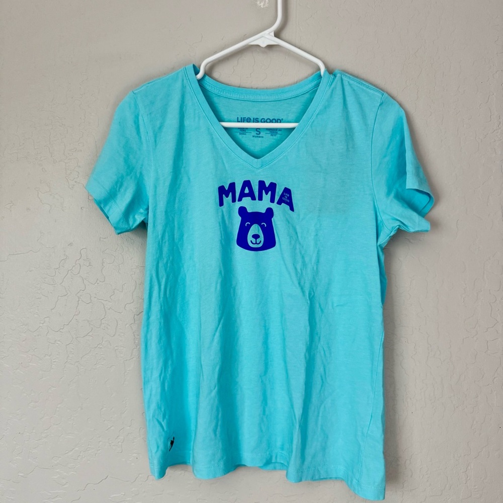 Life Is Good 'Mama' Bear Aqua V-Neck Tee NWT